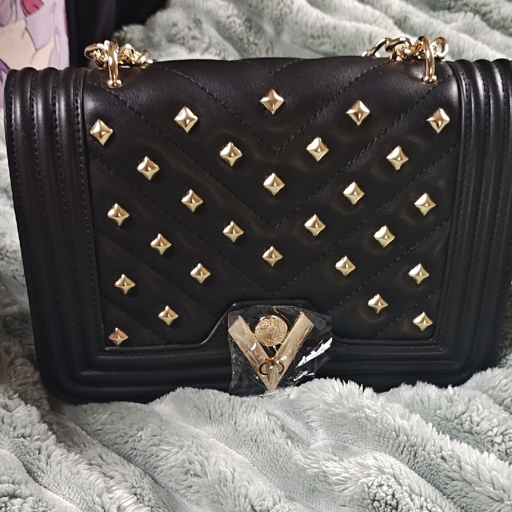 Valentino Orlandi Black Quilted Crossbody with Gold Studs